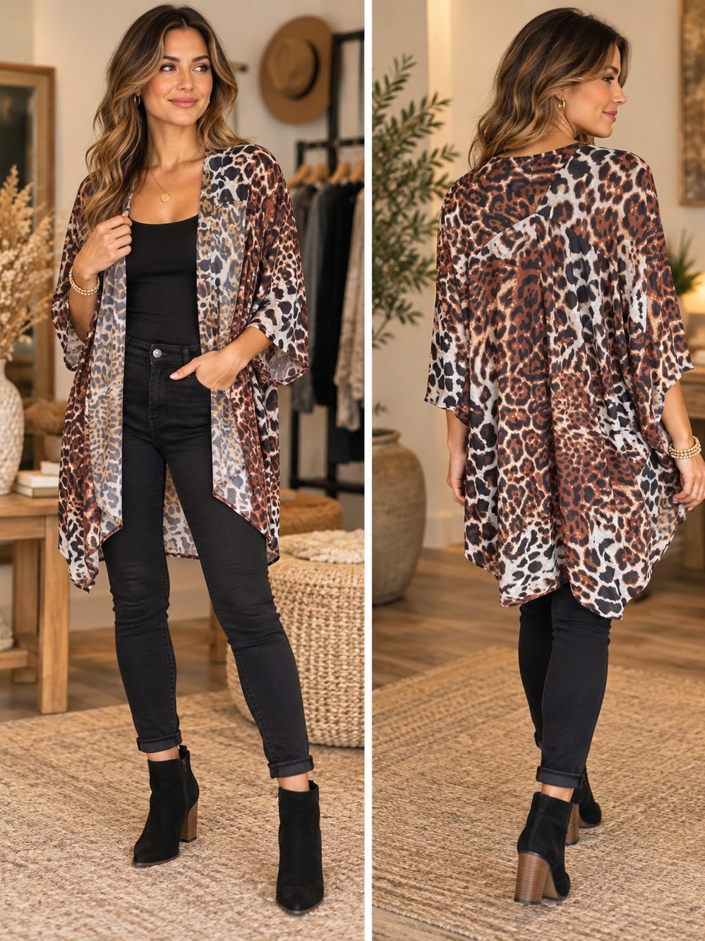 Moss Rose Leopard Print Kimono Beach Cover Up Sheer Open Front [O/S]